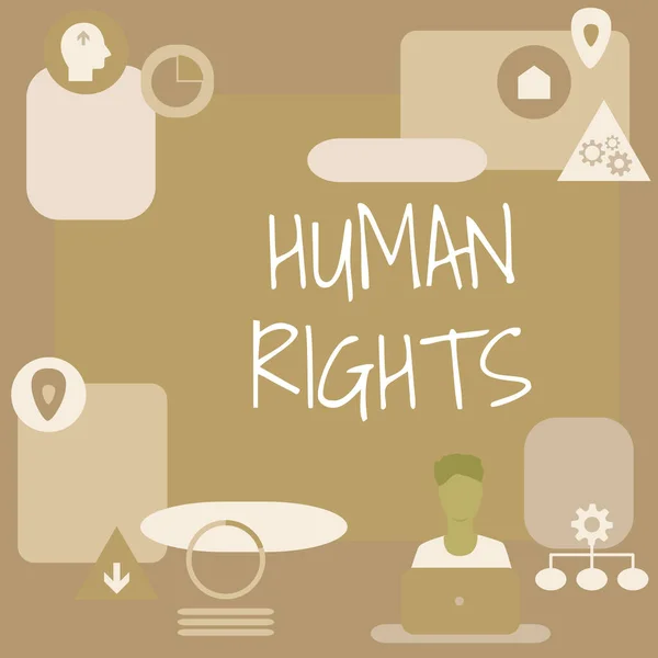 Sign displaying Human Rights. Business concept Moral Principles Standards Norms of a showing protected by Law Man Sitting On Desk Working And Presenting New Technologies. — Zdjęcie stockowe