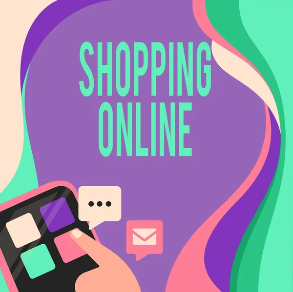 Scrittura visualizzazione del testo Shopping Online. Panoramica aziendale acquisto si desidera attraverso il sito internet e poi consegnarlo Finger Pressing Application Button Presenting Global Network Connection. — Foto Stock