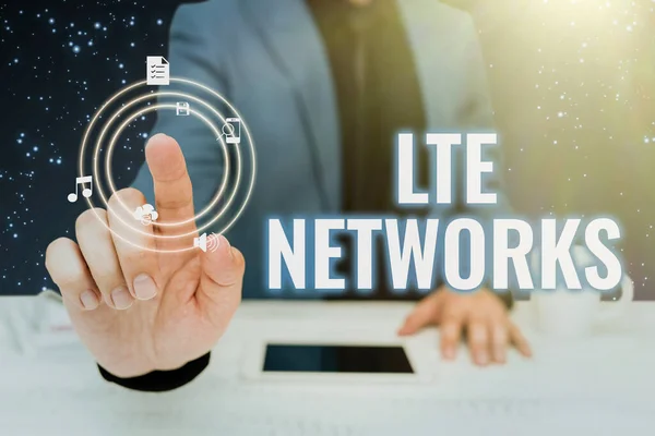 Conceptual display Lte Networks. Business approach Fastest network connection available for wireless communication Businessman in suit pointing upwards representing innovative thinking. — Stok fotoğraf