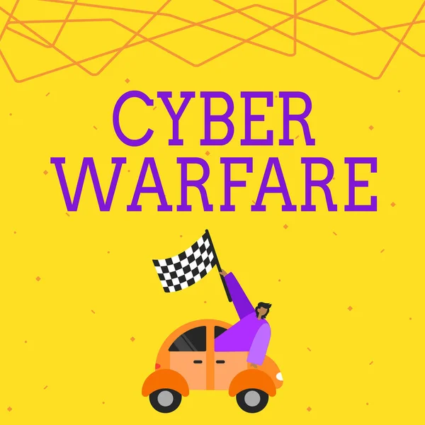Cyber Hadviselés kijelzése. Üzleti áttekintés Virtuális háború hackerek rendszer támadások Digitális tolvaj zaklató üzletember integetett banner járműversenyzés felé sikeres jövő. — Stock Fotó