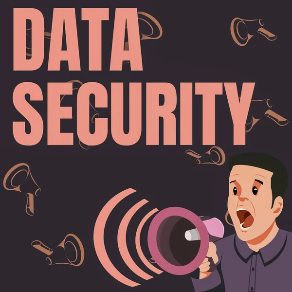 Veri Güvenliğini gösteren mesaj işareti. İş yaklaşımı Gizlilik Diski Şifreleme Yedekleme Parola Koruma İşadamı Megafonla Konuşuyor Harika Yeni Duyurular Yapıyor