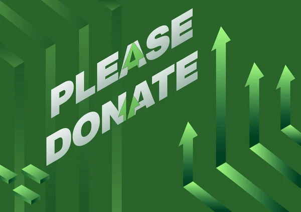 文字标志显示请捐赠。：捐赠援助慈善箭系统，指向上，象征着成功的项目的完成. — 图库照片