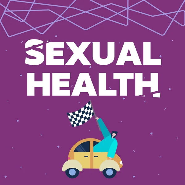 Conceptual display Sexual Health. Word for Healthier body Satisfying Sexual life Positive relationships Businessman Waving Banner From Vehicle Racing Towards Successful Future. — 스톡 사진