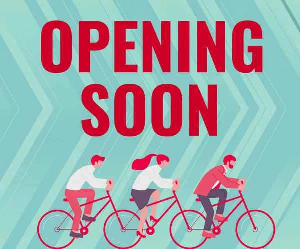 Text caption presenting Opening Soon. Business idea Going to be available or accessible in public anytime shortly Three Colleagues Riding Bicycle Representing Successful Teamwork. — ストック写真