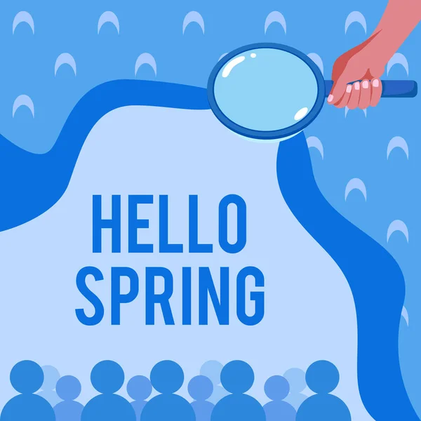 Conceptual caption Hello Spring. Concept meaning Welcoming the season after the winter Blossoming of flowers Hand Holding Magnifying Glass Examining Socio Economic Structure. — Zdjęcie stockowe