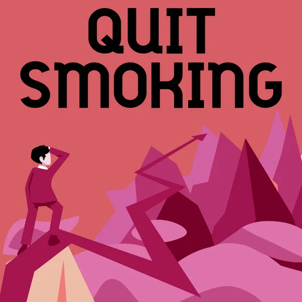 Text showing inspiration Quit Smoking. Conceptual photo Discontinuing or stopping the use of tobacco addiction Man watching horizon arrow pointing symbolizing future project success. — Foto Stock