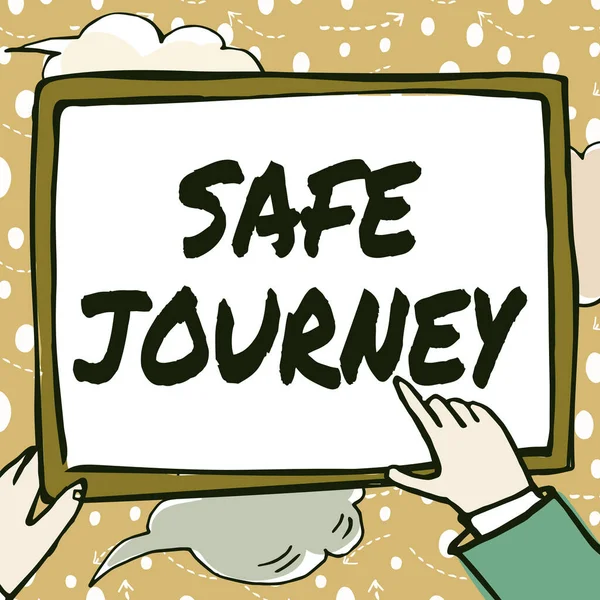 Text sign showing Safe Journey. Business showcase Blessing Bid farewell Drive carefully Use seatbelt Strap Hands Holding Paper Showing New Ideas Surrounded With Stars. —  Fotos de Stock