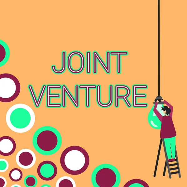Teksten van Joint Venture. Zakelijke aanpak Samenwerking Partijen Partnerschap Team Zakenman Staande Ladder Fixing Light Bulb Generating New Futuristic Ideas. — Stockfoto