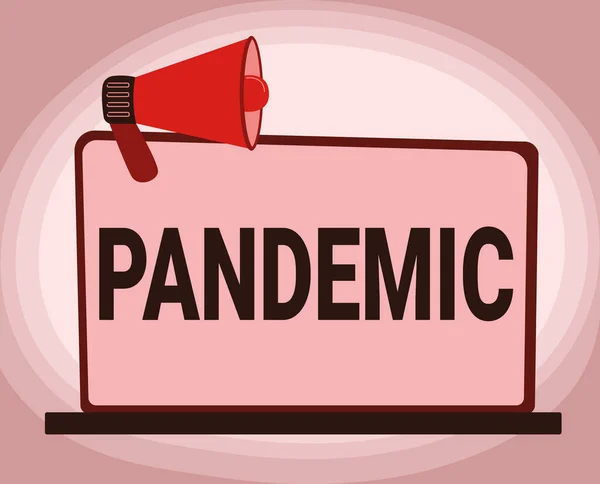 Handwriting text Pandemic. Concept meaning occurring over a wide area affecting high proportion of population Illustration Of Megaphone On Blank Monitor Making Announcements. — 스톡 사진