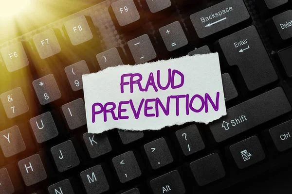 Text sign showing Fraud Prevention. Conceptual photo to secure the enterprise and its processes against hoax Creating New Online Shop Business, Typing List Of Trading Goods — Zdjęcie stockowe
