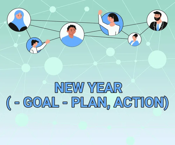 Conceptual display New Year Goal Plan, Action. Conceptual photo Business solution and planning with motivation Different People In Circles Chatting Together And Connected Social Media. — Stock fotografie