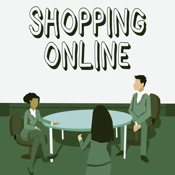 Inspiration showing sign Shopping Online. Business idea buying you want through internet website then deliver it Colleagues having meeting presenting project ideas achieving teamwork. — Stock Photo, Image