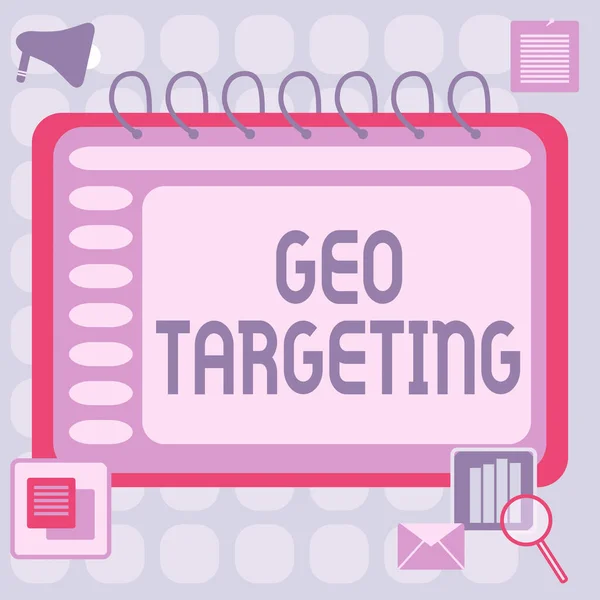 Conceptual display Geo Targeting. Word Written on Digital Ads Views IP Address Adwords Campaigns Location Blank Open Spiral Notebook With A Calculator And A Pen On Table. — Stockfoto