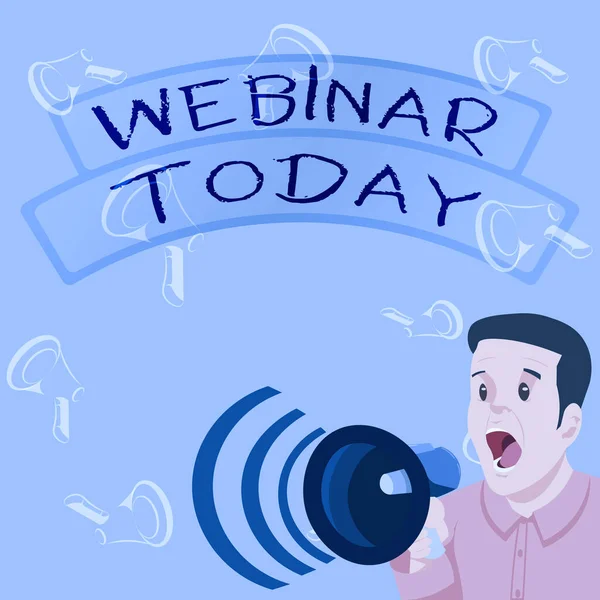 현재 Webinar 라는 사이트를 사용하고 있다. ( 영어 ) Online education presentation on different location Businessman Talking Through Megaphone Making Wonderful New Announcement — 스톡 사진