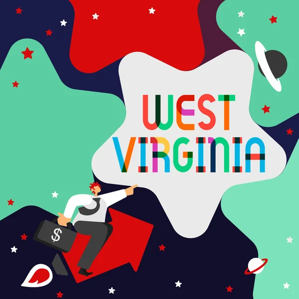 Sms 'je met West Virginia. Word geschreven op Verenigde Staten van Amerika State Travel Tourism Trip Historische Gentleman wijzend vinger ster vertegenwoordiger van financieel succes. — Stockfoto