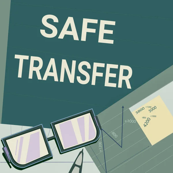 Text sign showing Safe Transfer. Business concept Wire Transfers electronically Not paper based Transaction Paper sitting on desk consisting charts calculation financial plans. — Stock Fotó