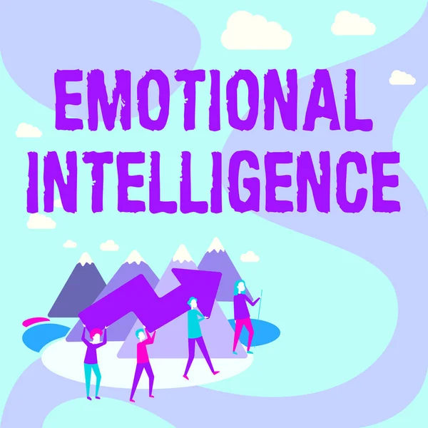 Text caption presenting Emotional Intelligence. Word Written on Self and Social Awareness Handle relationships well Four Colleagues Illustration Climbing Mountain Holding Large Arrow.