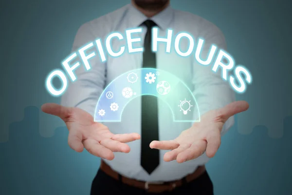Χειρόγραφη πινακίδα Ώρες Γραφείου. Επιχειρηματική αντίληψη Οι ώρες που συνήθως διεξάγονται οι επιχειρήσεις Χρόνος εργασίας Επιχειρηματίας με κοστούμι κρατώντας ανοιχτές παλάμες αντιπροσωπεύει καινοτόμο σκέψη. — Φωτογραφία Αρχείου