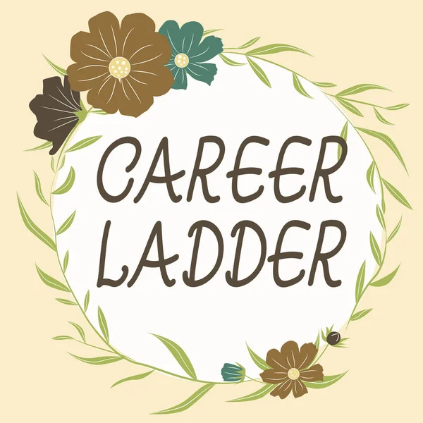 Text showing inspiration Career Ladder. Conceptual photo Job Promotion Professional Progress Upward Mobility Achiever Frame decorated with colorful flowers and foliage arranged harmoniously. — Stock fotografie