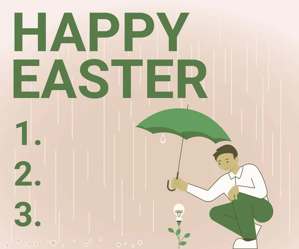 展示复活节快乐的标志。为纪念耶稣绅士拿着雨伞的复活而举行的概念性的基督教盛宴. — 图库照片