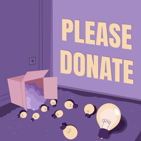 Inspiration showing sign Please Donate. Word for Supply Furnish Hand out Contribute Grant Aid to Charity Light bulbs spilled out box symbolizing innovative thinking. — Stockfoto