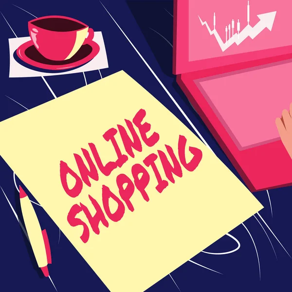 Görüntüleme metni çevrimiçi alışveriş yazılıyor. Kavramsal fotoğraf tüketicilere ürünlerini internet üzerinden satın alma olanağı sağlıyor. Laptop Kahve fincanı ve Düz Sayfa Gösterme Çalışma Süreci.
