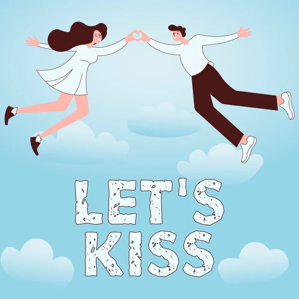 Handskrift tecken LETS KISS. Internet Koncept Tecken på kärlek uttrycka känslor mellan par hålla händer bildar romantiskt hjärta representerar kärlek. — Stockfoto