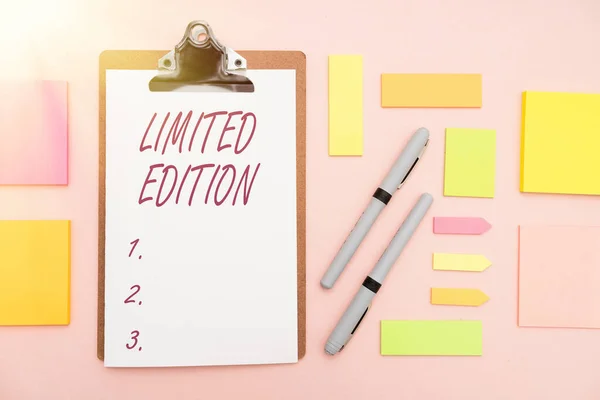 Writing displaying text Limited Edition. Business showcase Work of something which is only produced in small numbers Multiple Assorted Collection Office Stationery Photo Placed Over Table — Foto Stock