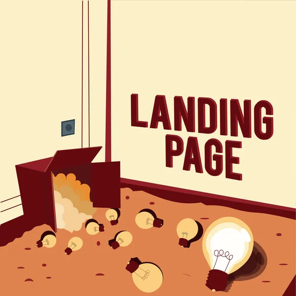 Szöveg megjelenítése Landing Page. Üzleti kirakat Weboldal eléréséhez kattintson egy linkre egy másik weboldalon izzók kiömlött doboz szimbolizálja innovatív gondolkodás. — Stock Fotó