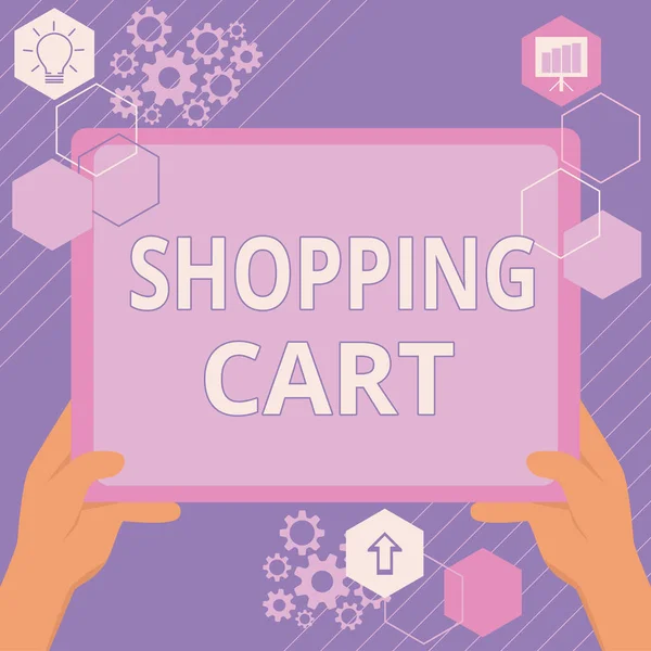 Text caption presenting Shopping Cart. Business showcase Case Trolley Carrying Groceries and Merchandise Hand Using Big Tablet Searching Plans For New Amazing Ideas — Foto de Stock