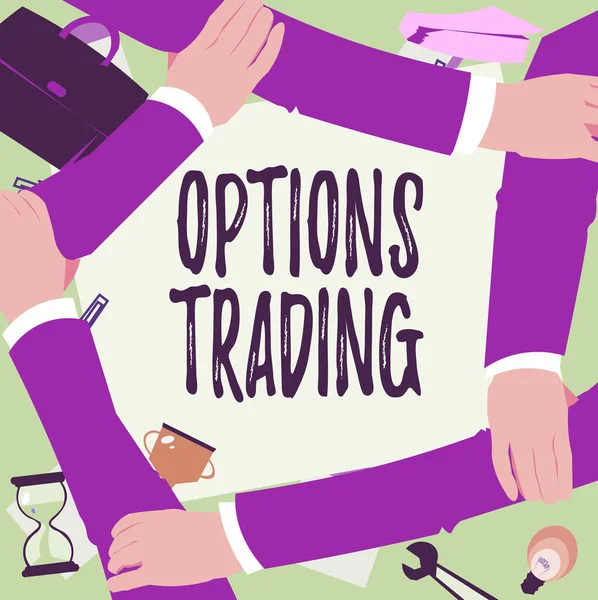Text caption presenting Options Trading. Word Written on Different options to make goods or services spread worldwide Four Hands Drawing Holding Arm Together Showing Connection Symbol. — ストック写真