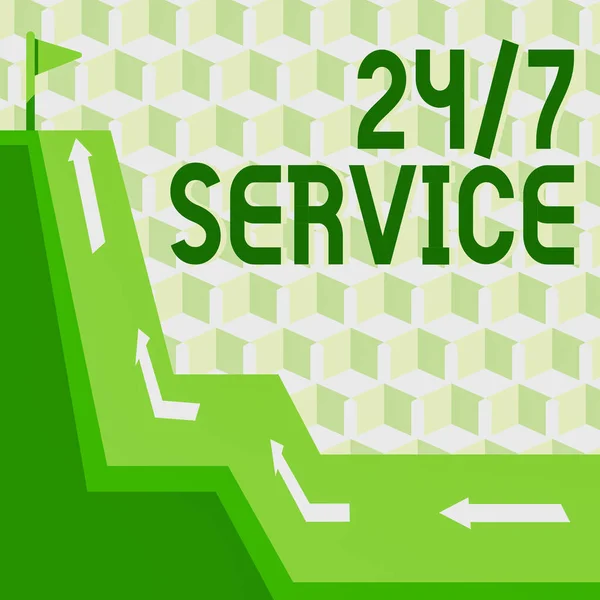 Inspiration showing sign 24 Or 7 Service. Concept meaning Always available to serve Runs constantly without disruption Mountain Range Drawing With Road Leading To Raised Flag At The Top. — Stock Photo, Image
