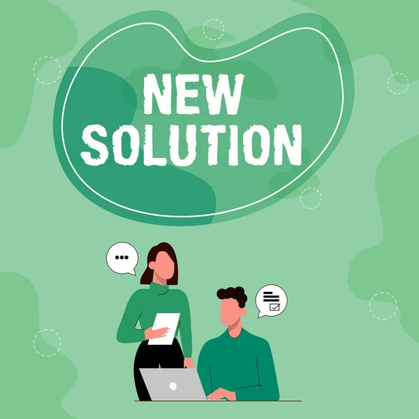 Skrivtecken för hand Ny lösning. Word för modern innovation Senaste effektiv strategi för ett problem Partners som delar med sig av nya idéer för kompetensutveckling Arbetsstrategier. — Stockfoto