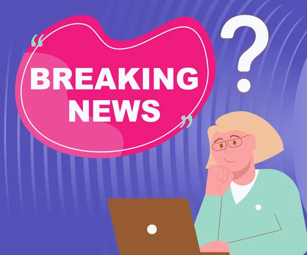 Inspiration showing sign Breaking News. Business approach Special Report Announcement Happening Current Issue Flashnews Lady Drawing Brainstorming New Solutions Surrounded With Question Marks — Foto Stock