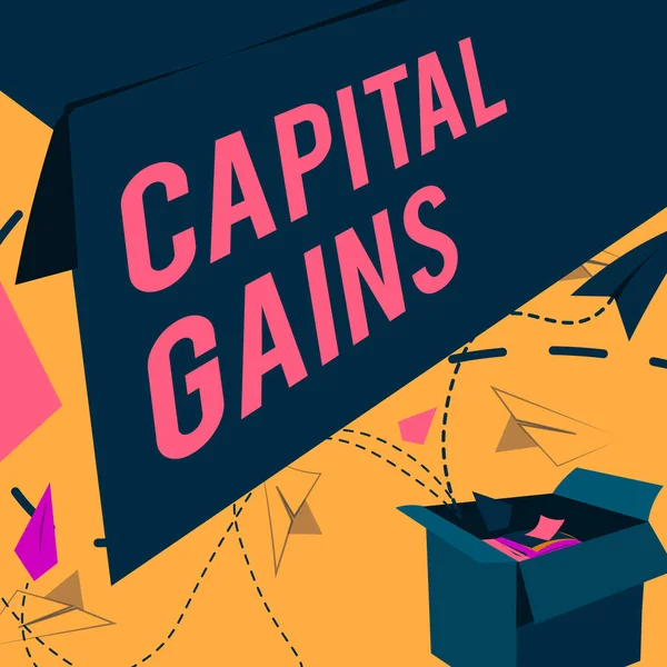 Inspiration showing sign Capital Gains. Word Written on Bonds Shares Stocks Profit Income Tax Investment Funds Open Box With Flying Paper Planes Presenting New Free Ideas — Zdjęcie stockowe