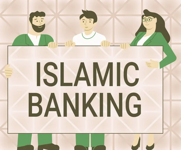 Hand writing sign Islamic Banking. Business showcase Banking system based on the principles of Islamic law Three Colleagues Holding Presentation Board Showing New Ideas. — Stock fotografie