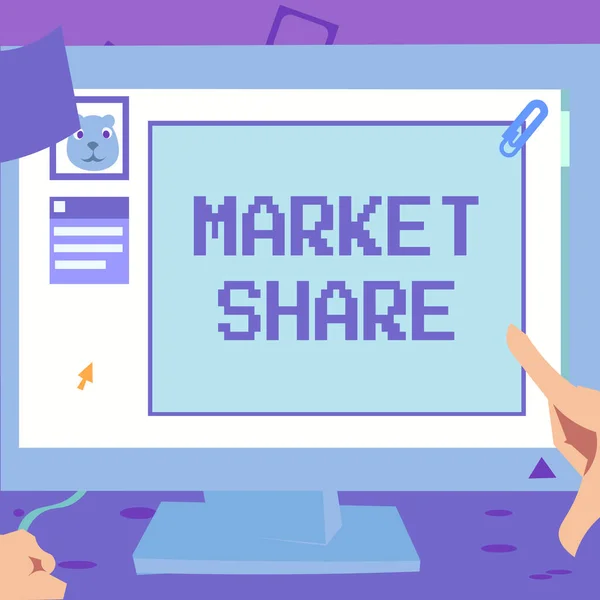 Text showing inspiration Market Share. Concept meaning The portion of a market controlled by a particular company Hand Touching Desktop Inside Web Browser Showing Recent Technology. — Foto de Stock