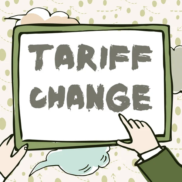 Sign displaying Tariff Change. Business idea Amendment of Import Export taxes for goods and services Hands Holding Paper Showing New Ideas Surrounded With Stars. — ストック写真