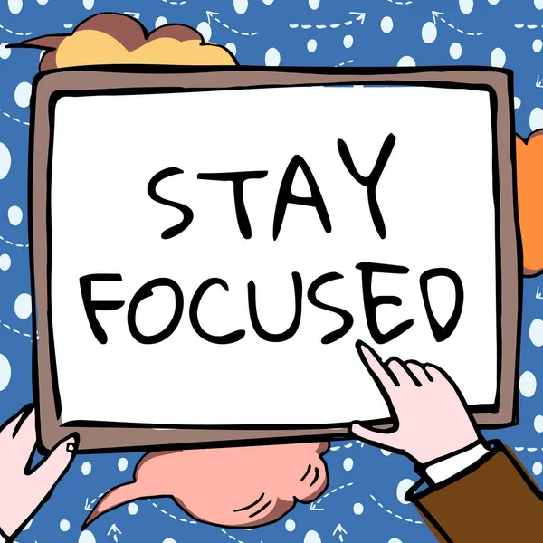 Text sign showing Stay Focused. Concept meaning Be attentive Concentrate Prioritize the task Avoid distractions Hands Holding Paper Showing New Ideas Surrounded With Stars. — Foto de Stock