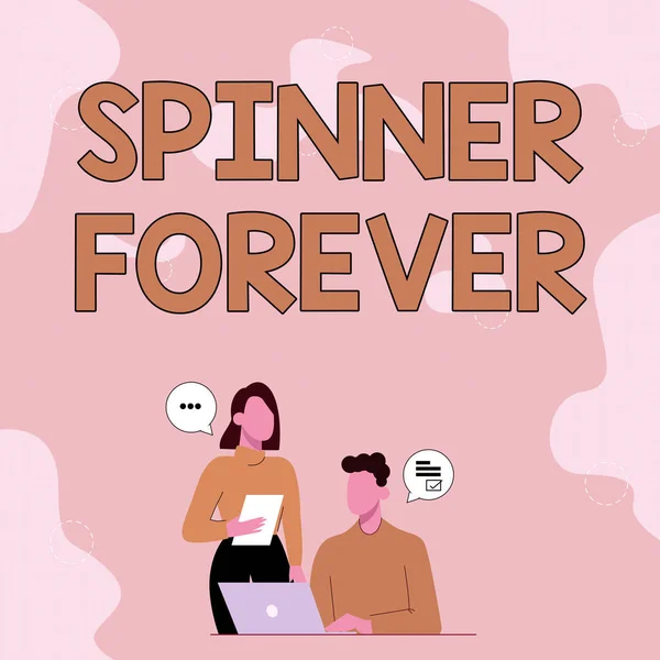 Text showing inspiration Spinner Forever. Concept meaning stress reliever for showing who tend to fidget Flat top Partners Sharing New Ideas For Skill Improvement Work Strategies. — Stock Photo, Image