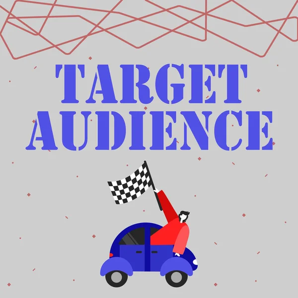Writing displaying text Target Audience. Business concept category of showing you want to address your words to Businessman Waving Banner From Vehicle Racing Towards Successful Future. — 스톡 사진