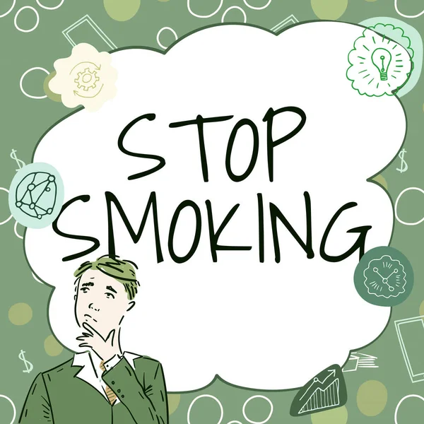 Inspiration showing sign Stop Smoking. Business overview Discontinuing or stopping the use of tobacco addiction Businessman Innovative Thinking Leading Ideas Towards Stable Future. — Stock Fotó