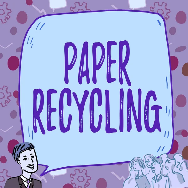 Inspiráló szöveg Papír újrahasznosítás. Üzleti megközelítés A hulladékpapír új módon történő felhasználása azáltal, hogy újrahasznosítja őket Üzletember nagy beszédbuborékkal Beszél a tömeghez Új ötletek bemutatása — Stock Fotó