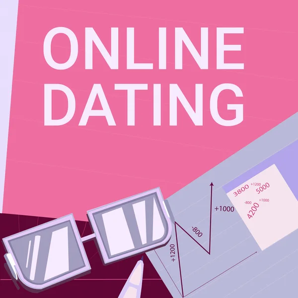 Text showing inspiration Online Dating. Business idea Searching Matching Relationships eDating Video Chatting Paper sitting on desk consisting charts calculation financial plans. — Stock Photo, Image