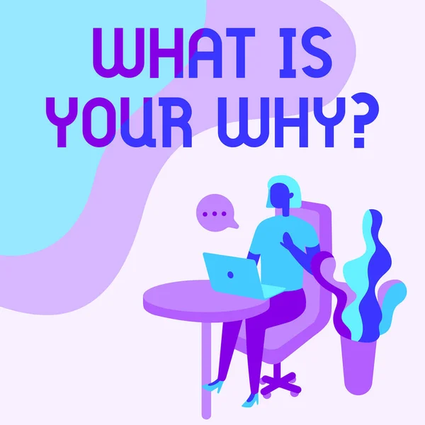 Text showing inspiration What Is Your Why Question. Word for What Is Your Why Question Woman Sitting Office Desk Using Laptop With Speech Bubble Beside Plant. — Stockfoto