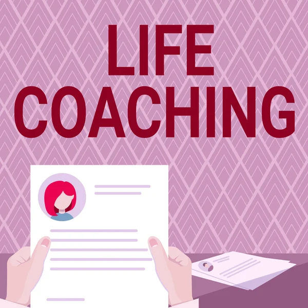 Text showing inspiration Life Coaching. Business approach Improve Lives by Challenges Encourages us in our Careers Hands Holding Resume Showing New Career Opportunities Open. — Stockfoto