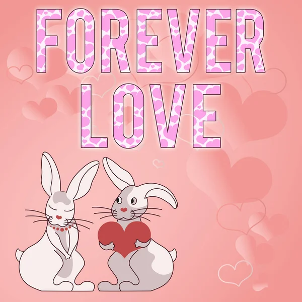 Ręczny napis "FOREVER LOVE". Przegląd biznesu Nieograniczona miłość między duetem w głębokim uczuciu Króliczki z darami w kształcie serca demonstrują namiętnych miłośników z prezentami — Zdjęcie stockowe