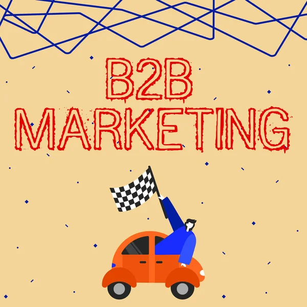 Text showing inspiration B2B Marketing. Conceptual photo Partnership Companies Supply Chain Merger Leads Resell Businessman Waving Banner From Vehicle Racing Towards Successful Future. — Fotografia de Stock