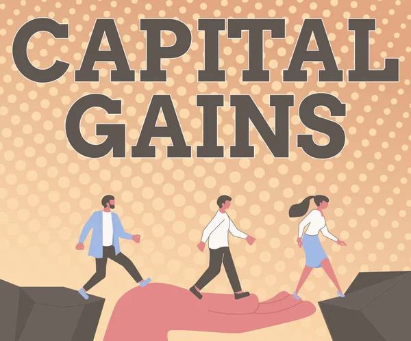 Writing displaying text Capital Gains. Business overview Bonds Shares Stocks Profit Income Tax Investment Funds Colleagues Crossing Obstacles Hand Bridge Presenting Teamwork Collaboration. — Zdjęcie stockowe