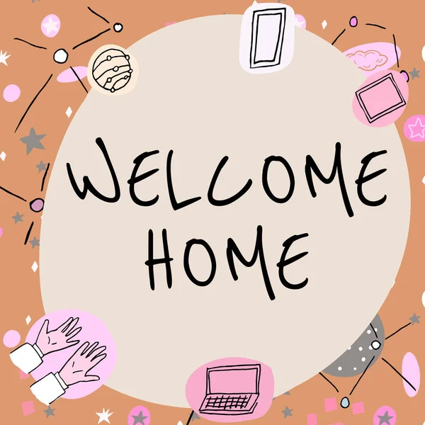 Texto mostrando inspiração Welcome Home. Palavra Escrita em Expressão Saudações Novos Proprietários Domicile Doormat Entrada em branco quadro decorado com símbolos da ciência moderna exibindo tecnologia. — Fotografia de Stock